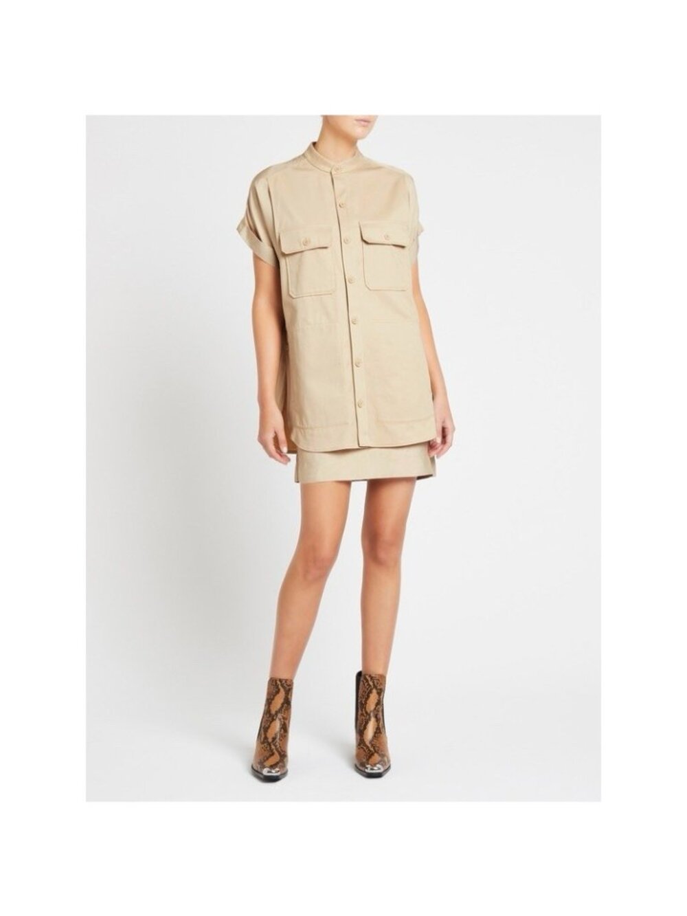 Equipment Acaena Utility Shirt Mini Dress L Safari Beige Layered Short Sleeve